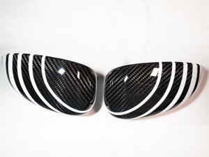 FIAT 500 Mirror Covers - Carbon Fiber - White Racing Stripe w/ Black Scorpion V2